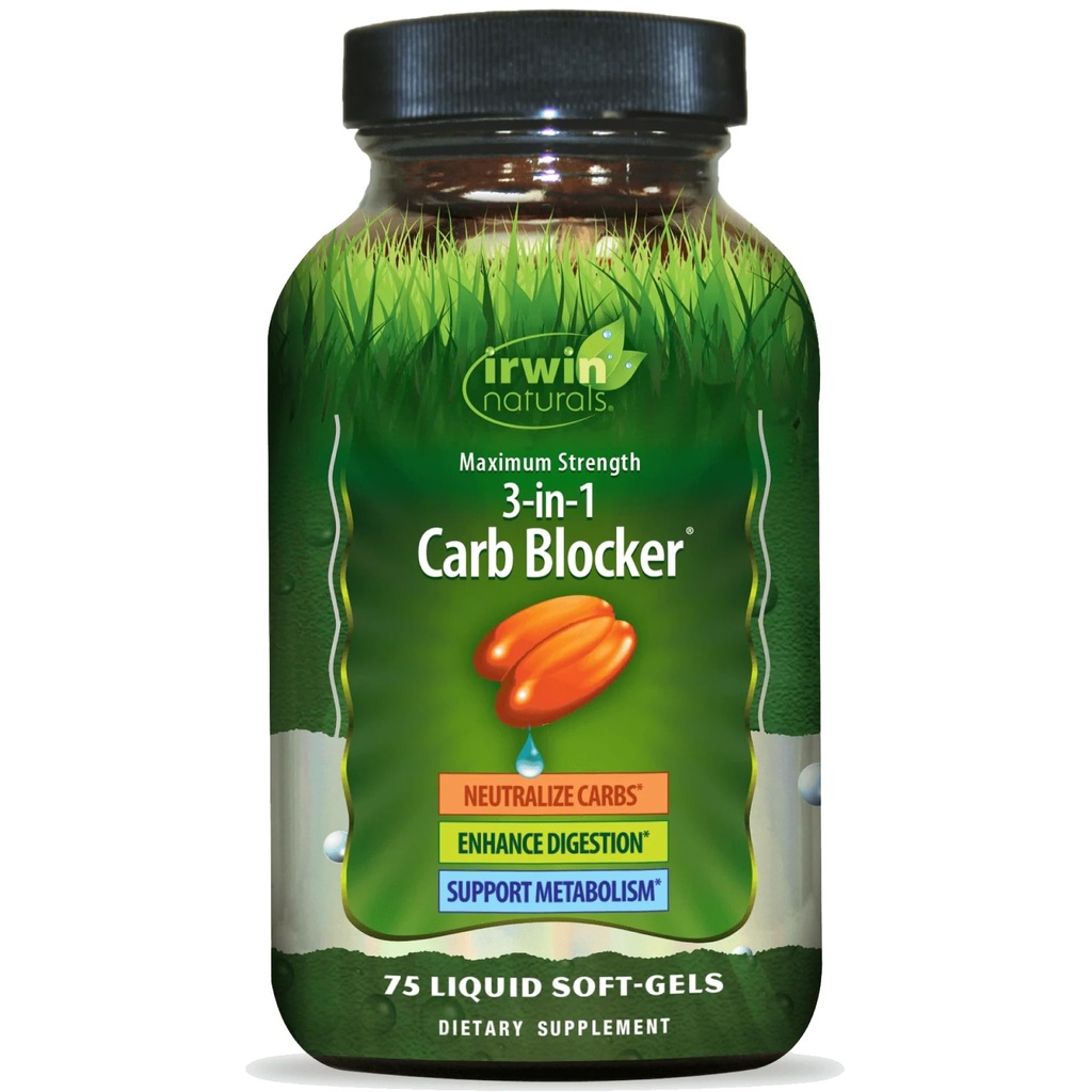 Irwin Naturals Maximum Strength 3-in-1 Carb Blocker, Neutralize Carbohydrates y Soporte Metabolismo, 75 Liquid Softgels, 2 Pack