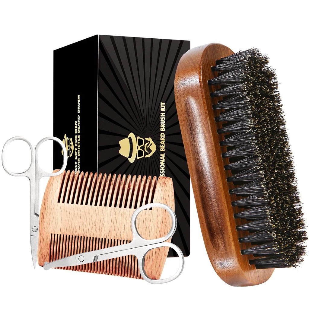 Sosoon Boar Bristle Beard Grooming Set for Hombre - Cepillo rectangular, Comb, 2 Tijeras de bigote, Bolsa de viaje