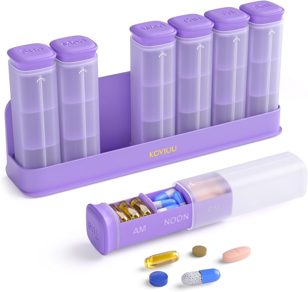 Organizador semanal de píldoras 3X al día, Caja de píldoras desmontable 7 días, Caso de gran 3 veces diario de píldoras, Contenedor de píldoras de viaje, dispensador de medicamentos semana Pillbox para suplemento de vitaminas Medicina, púrpura