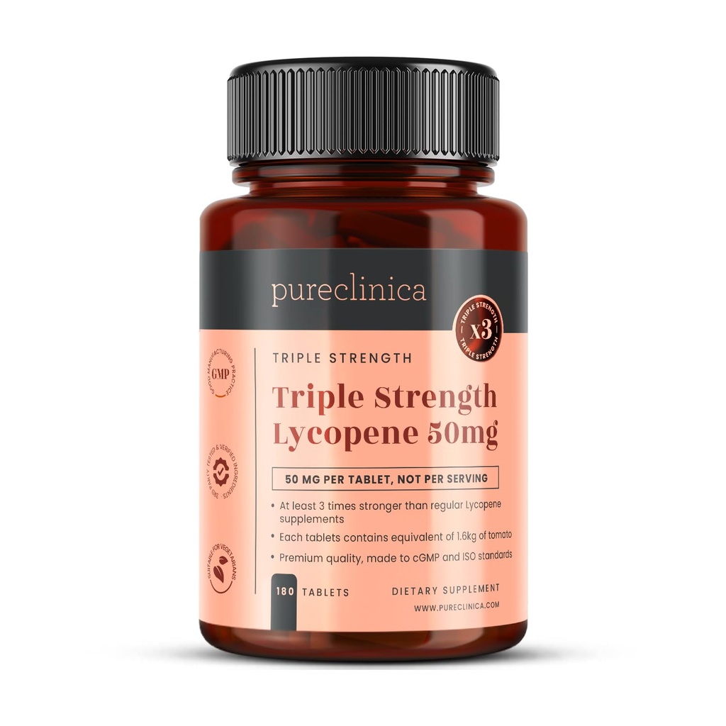 purclinica Lycopene 50mg x 180 Tabletas (6 meses de suministro). 300% Fuerza de tablas regulares de Lycopene