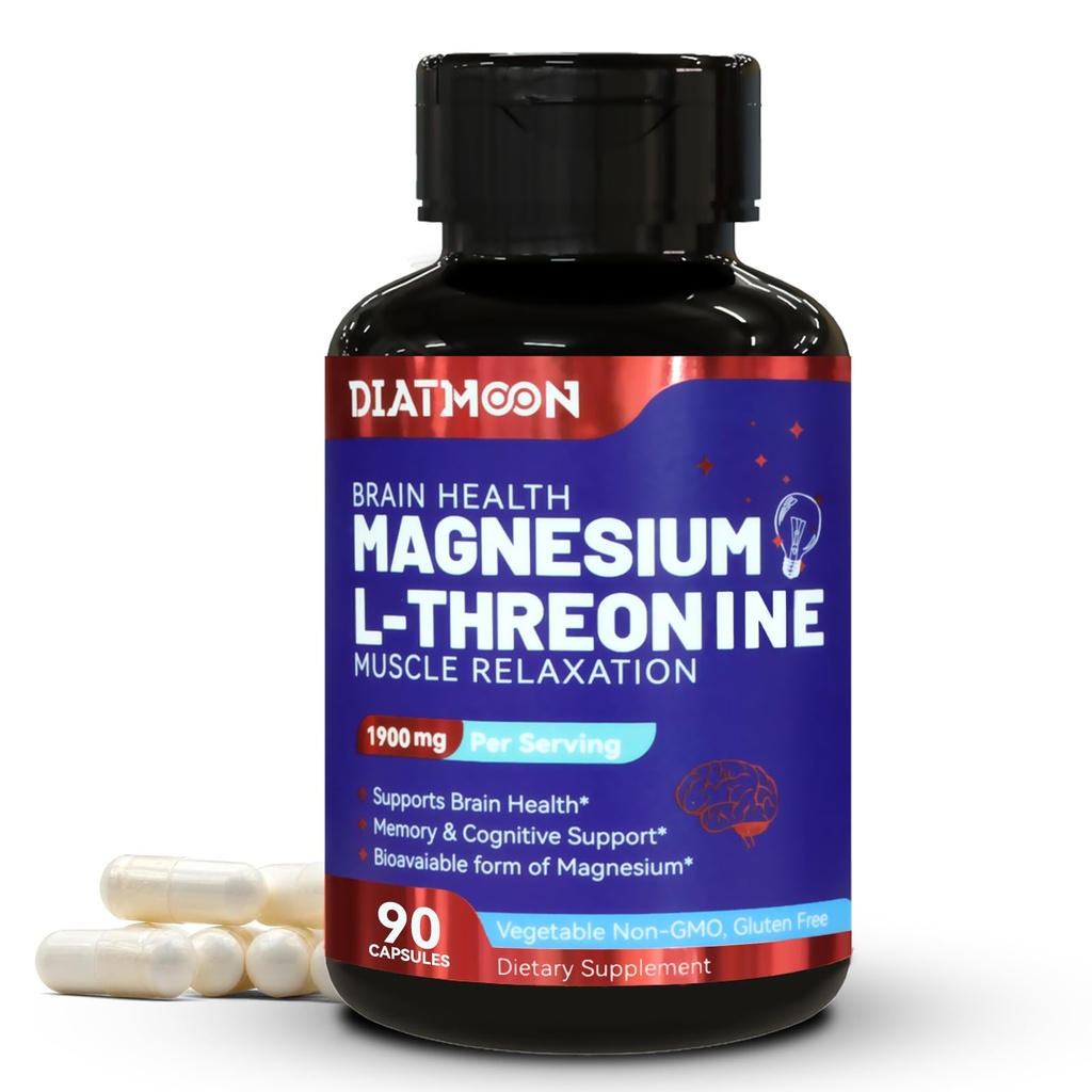 Magnesio L-Threonina, Suplemento de Magnesio de alta absorción, 1900 mg de Threonina de magnesio para la salud cerebral, soporte de memoria, Gluten Gratis, No GMO,90 cápsulas veganas