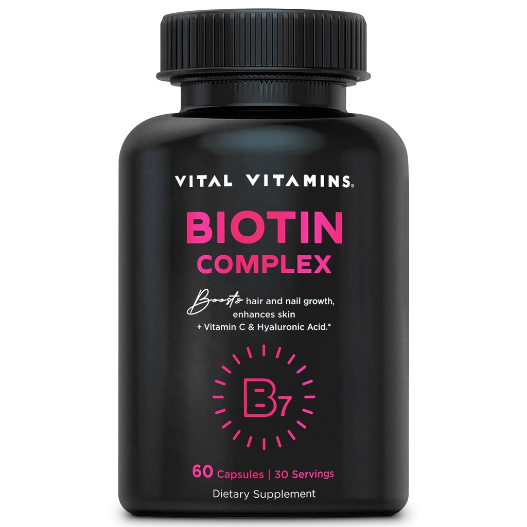 Vitaminas Vitales Complejo de Biotina - con ácido hialurónico, MSM, Collagen, " Vitamina C - Suplemento para el cabello, la piel, " uñas - 60 cápsulas