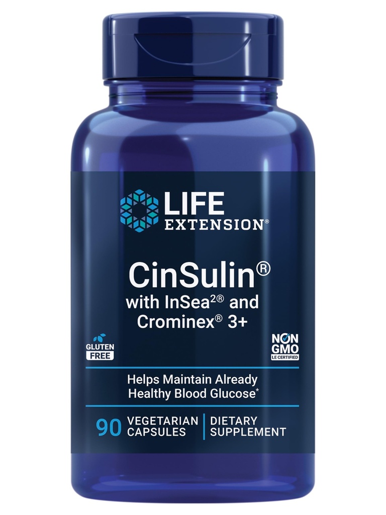 Extensión de vida CinSulin® con InSea2® y Crominex® 3+, shilajit, amla Fruit, Cinnamon, Brown Seaweed, Supports Healthy Metabolism and Satiety, Gluten-Free, Non-GMO, Vegetarian, 90 cápsulas