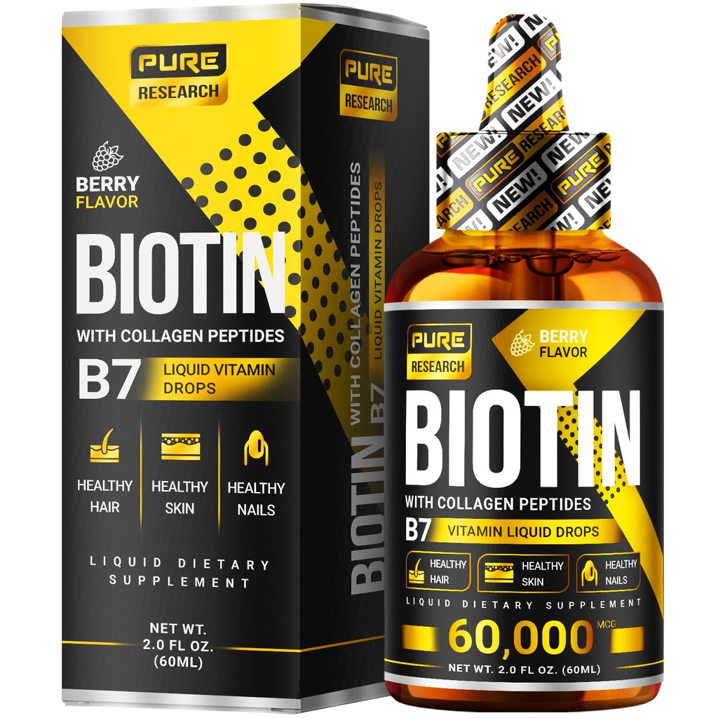 Biotina líquida " Collagen Hair Growth Drops 60,000mcg - Biotina y líquido colágeno Suplemento para hombres " Mujeres - Soporte para la piel de alumbramiento, cabello saludable " Nail Growth - 2oz