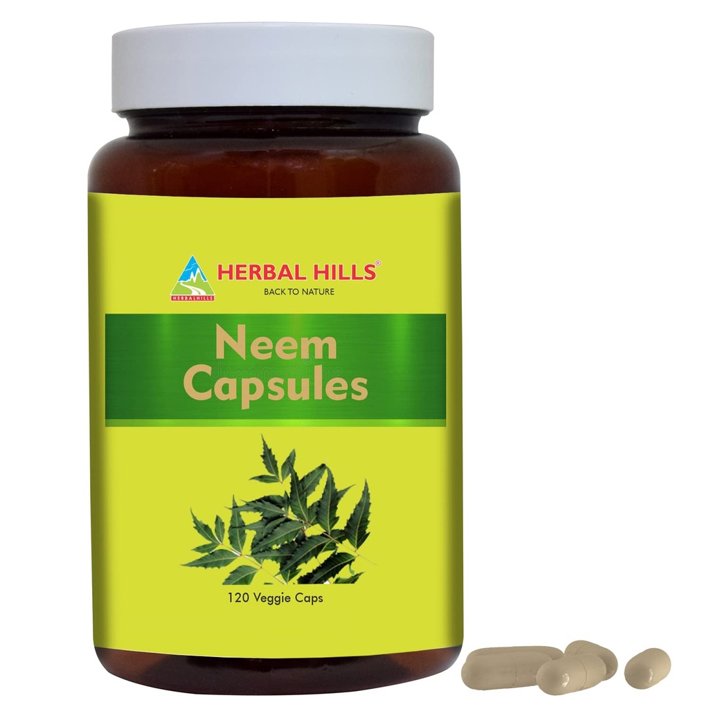 HERBAL HILLS Neem Capsules 120 Vegie Capsules Neem Leaf Azadirachta Indica 700 mg Polvo y Extracto Blend en una cápsula