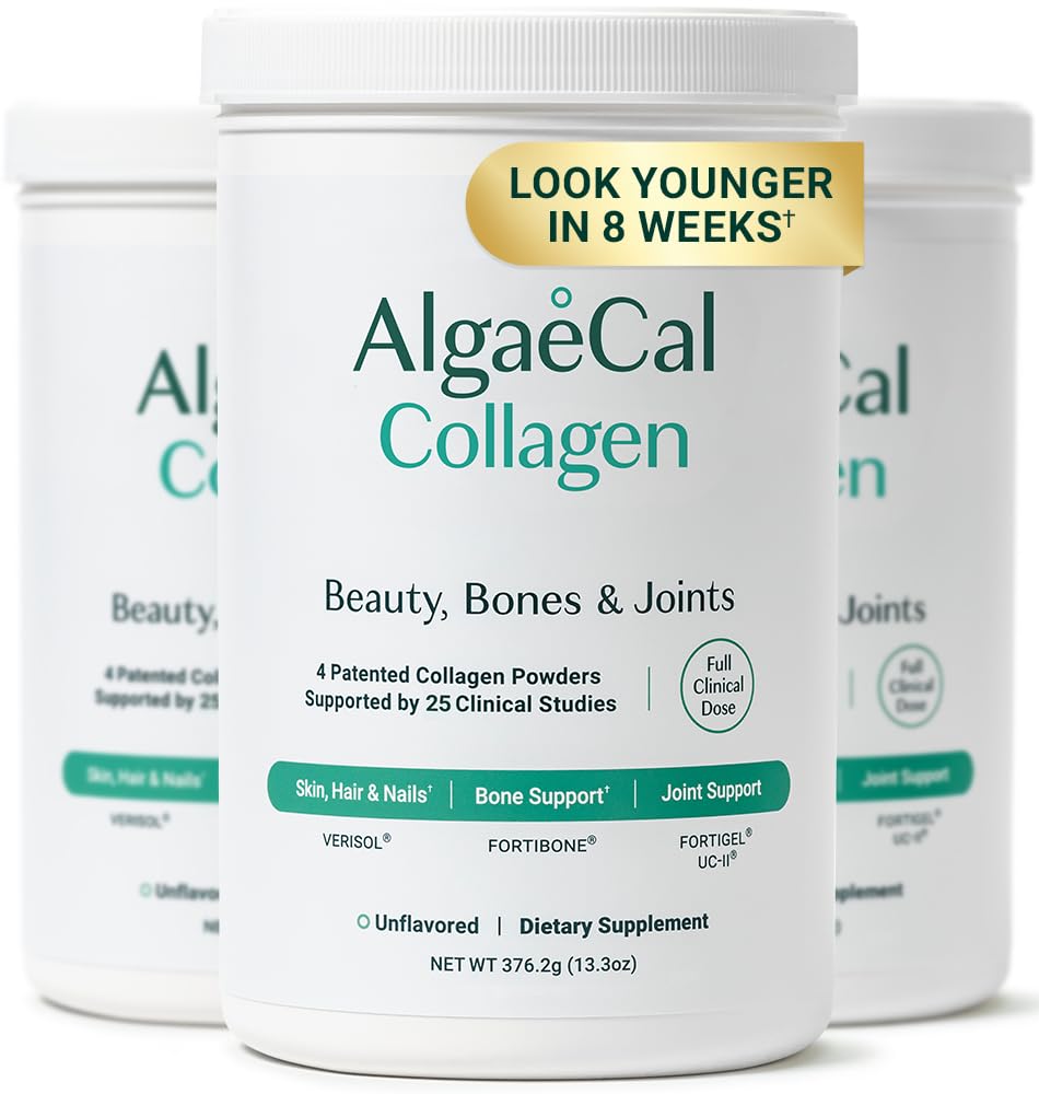 Colágeno ALGAECAL - 4 Péptidos clínicos VERISOL®, FORTIGEL®, UC-II®, FORTIBONE®, Anti-Aging Hydrolyzed Powder, 3 Packs, Made in USA