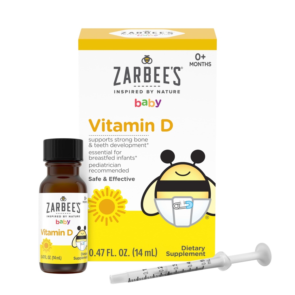Zarbee's Vitamin D Drops for Infants, 400IU (10mcg) Baby &amp; Toddler Liquid Supplement, Newborn &amp; Up, Dropper Syringe Included, 0.47 Fl Oz