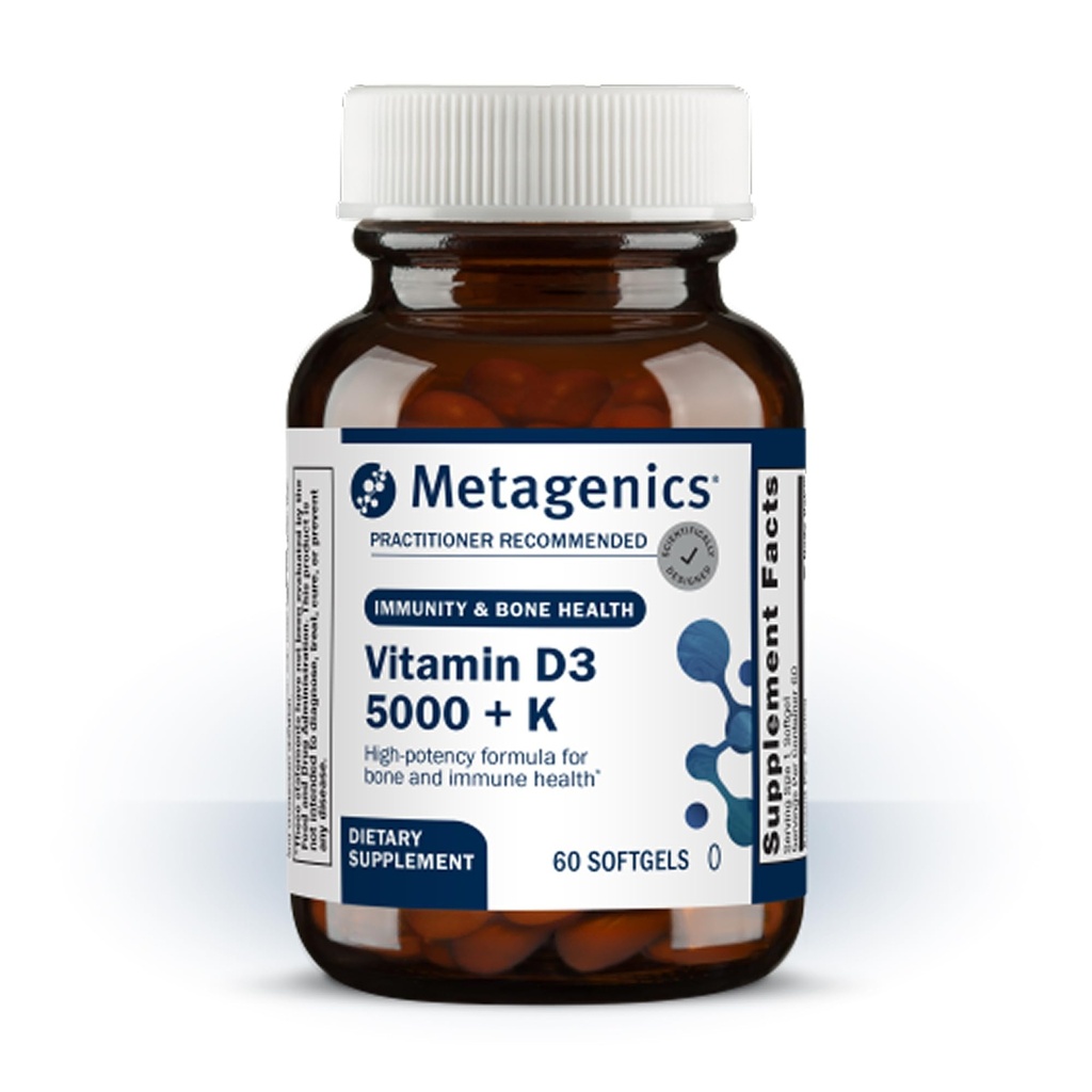 Metagenics Vitamin D3 + K - for Artery Health, Immune Support, Bone & Heart Health* - Vitamina D con MK-7 (Vitamin K2) - Non-GMO - Gluten-Free - 60 Softgels - 5,000 IU
