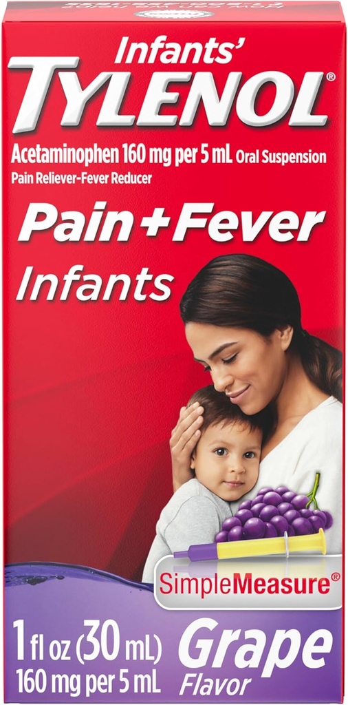 Tylenol Oral Suspension Medicina Líquida con Acetaminofeno, Reductor de la fiebre del bebé " Dolor de dolor para dolores menores " , Tracción de dolor de cabeza " Dolor de cabeza " , Sabor de la uva, 1 fl.
