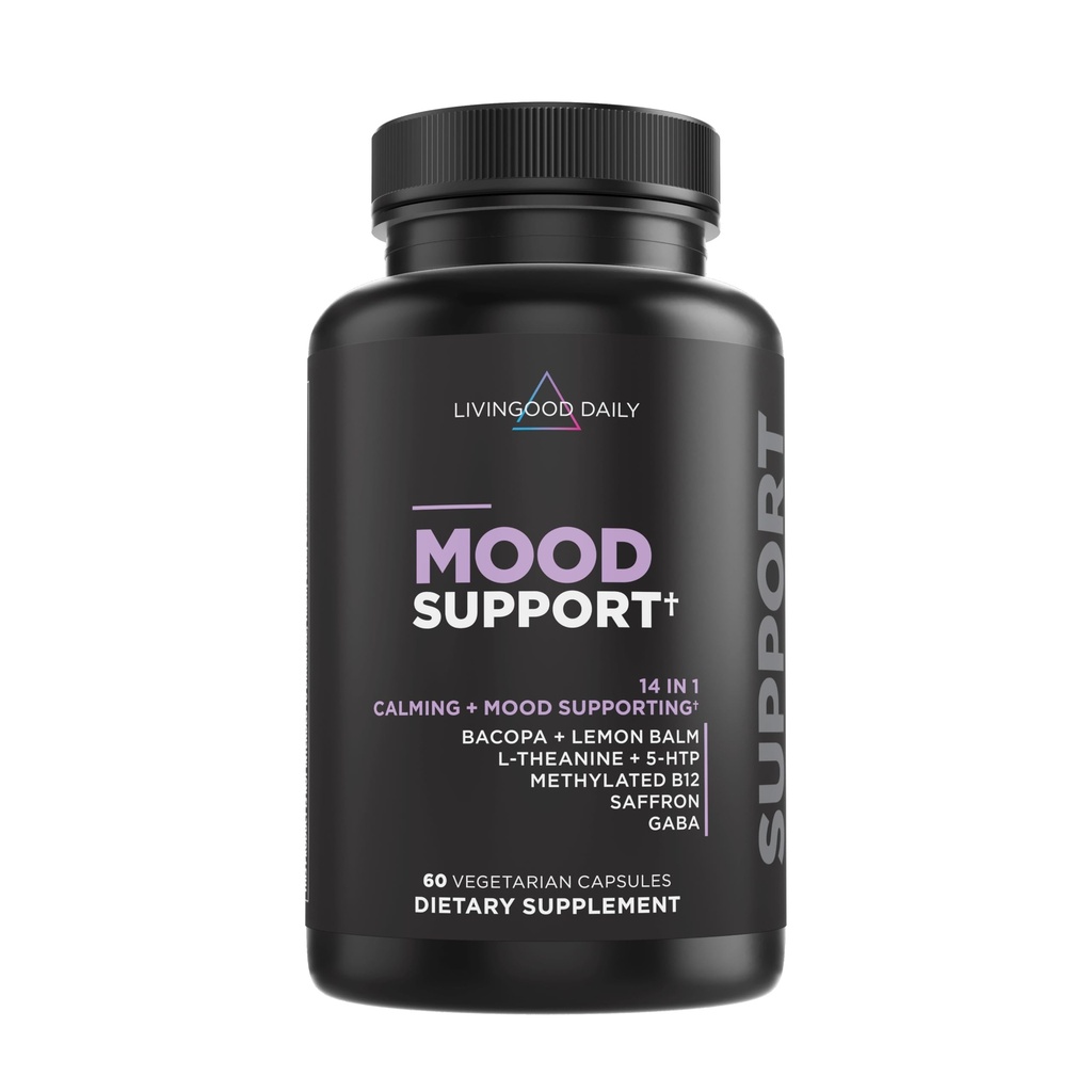 Livingood Daily Mood Support Supplement for Women &amp; Men, 14-in-1 Fórmula con L Theanine, Lemon Balm, GABA, Saffron, 5-HTP &amp; B12, soporta Focus &amp; Emotional Wellness, Gluten Free, Vegan, 60 cápsulas