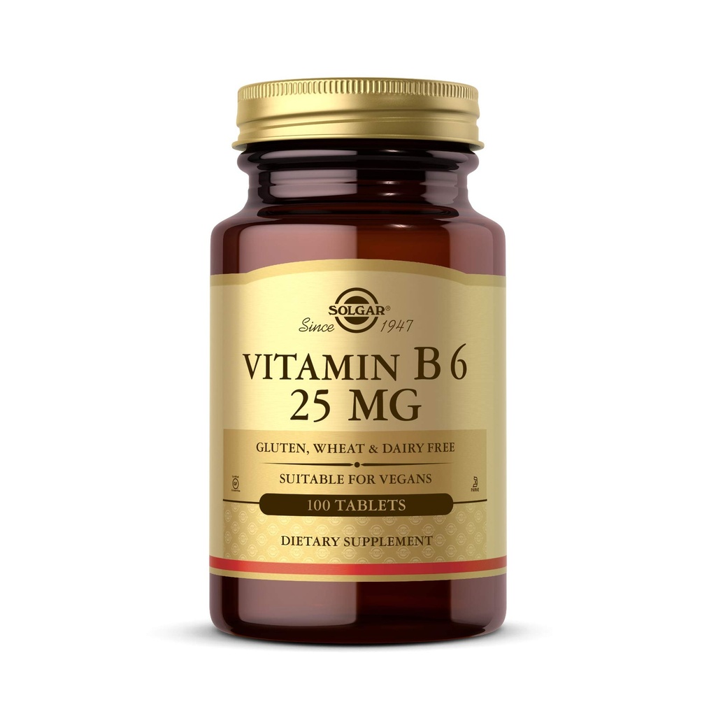 Solgar Vitamina B6 25 mg, 100 Tabletas - Soporta Metabolismo energético, salud cardíaca y sistema nervioso saludable - Suplemento Complejo B - Vegan, Gluten Gratis, Dairy Free, Kosher - 100 Servings