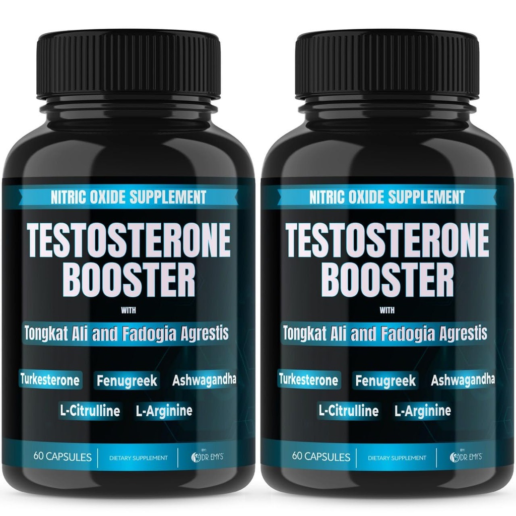 Dr. Emy's (2 Pack Testosterone Booster-Tongkat Ali Fadogia Agrestis Nitric Oxide Ashwagandha Suplemento para Hombres con L Arginine Citrulline Fenugreek - Turkesterone Pre Workout Pump (120 cápsulas)