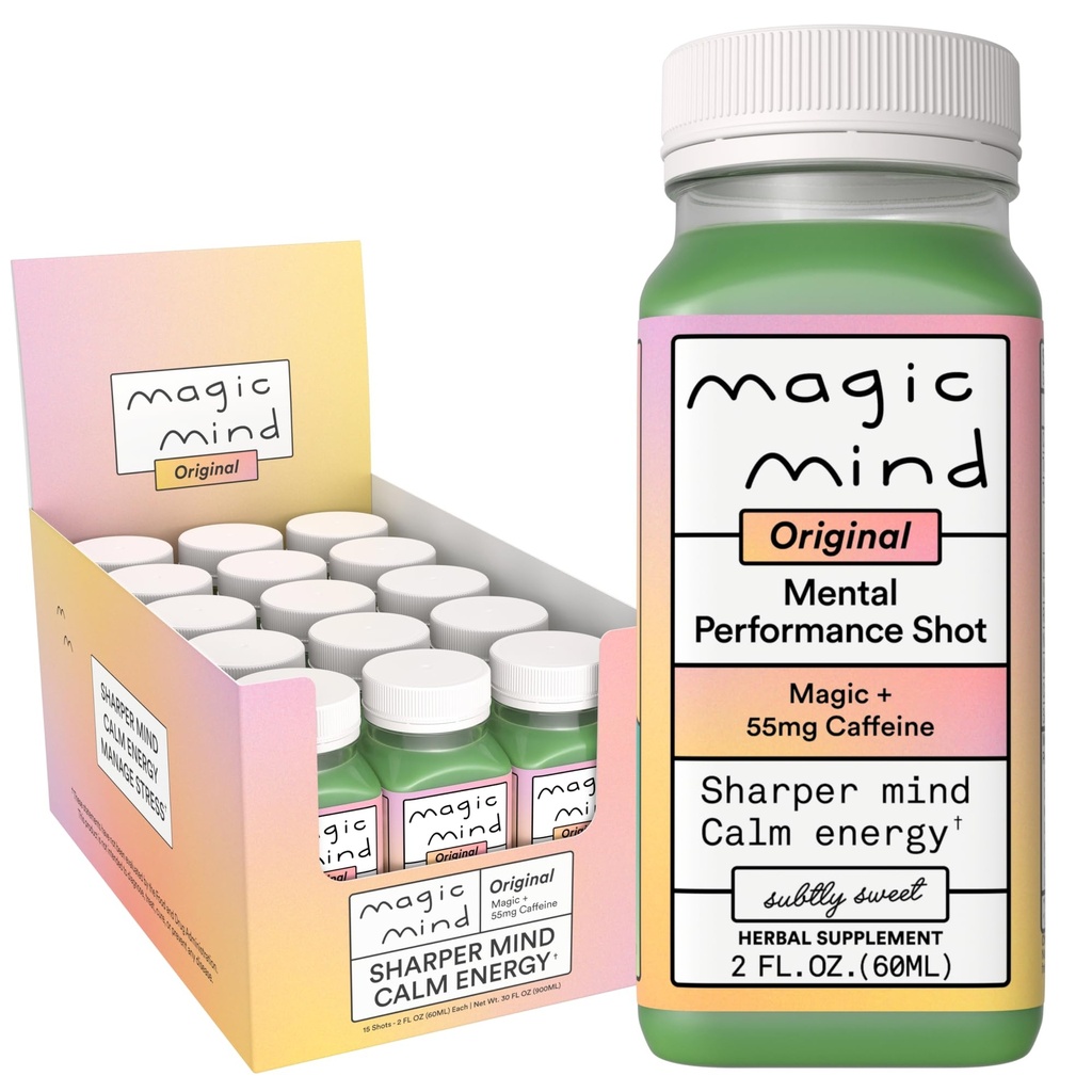 Magic Mind Energy and Focus Drink Shots - Stress Relieving, No Jitters, Ashwagandha, Vitamina B12, Vitamina C, Matcha Green Tea, Funal Mushrooms - 2 FL Oz (15 Pack)