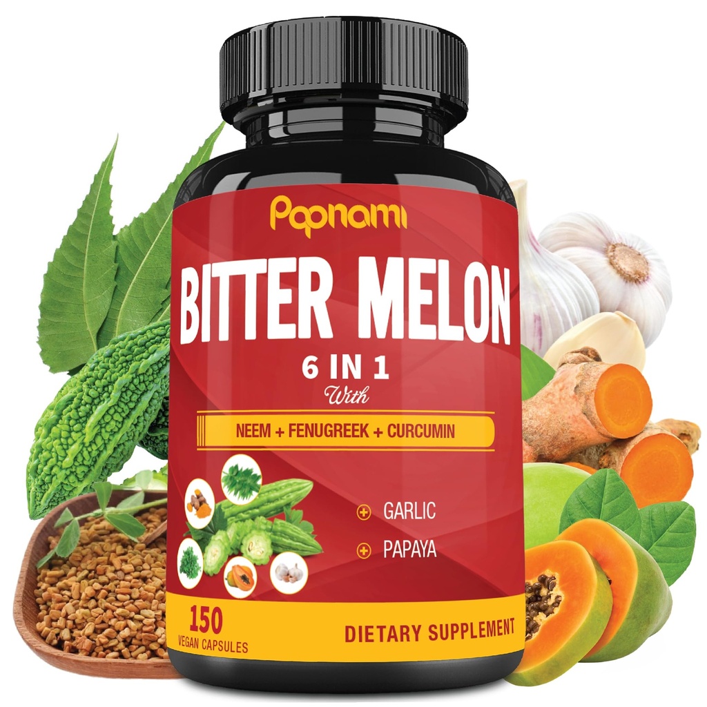Extracto de melón orgánico - Neem combinado, Fenugreek, Curcumin, Ajo &amp; Papaya - 150 Cuenta para 5 meses - Apoyos Cuerpo, Digestivo, Esquí, Inmune &amp; Bienestar general