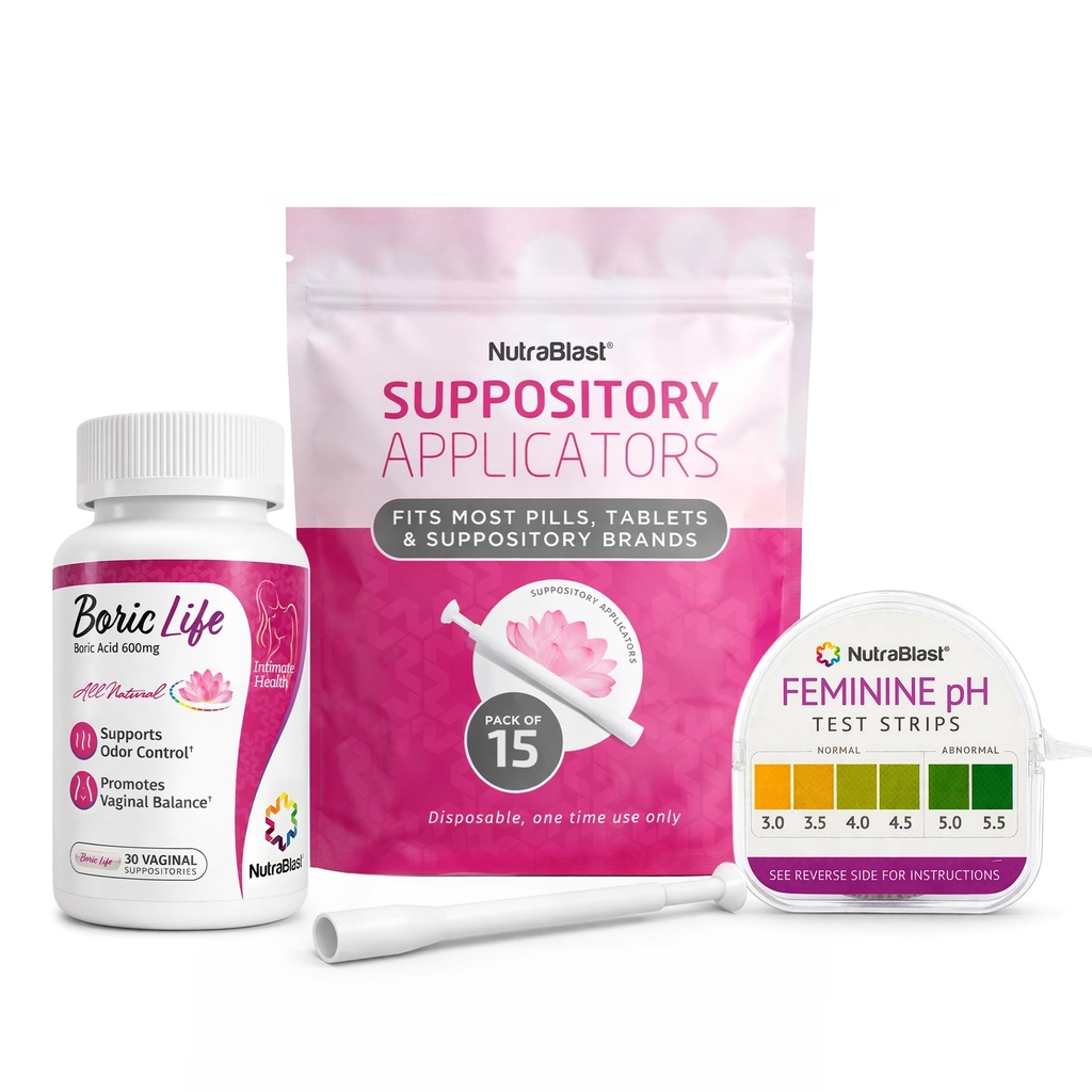 NutraBlast Boric Acid Vaginal Suppositories 600mg (30 Conde) w/Desechable Vaginal Suppository Applicators (15-Pack) y Feminine pH Test Strips 3.0-5.5 (100 Test Roll)