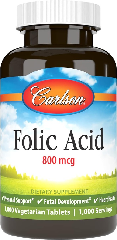 Carlson - ácido fólico, 800 mcg, proporciona soporte prenatal importante, 1000 tabletas