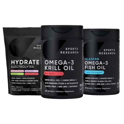 Sports Research Antártico Krill Oil Omega 3 Mini-Softgels 500mg con fosfolípidos, Choline, Astaxanthin, Triple Fuerza Omega 3 Burpless Fish Oil 1250mg, Sugar Free Multi Flavor Hydrate Electrolytes