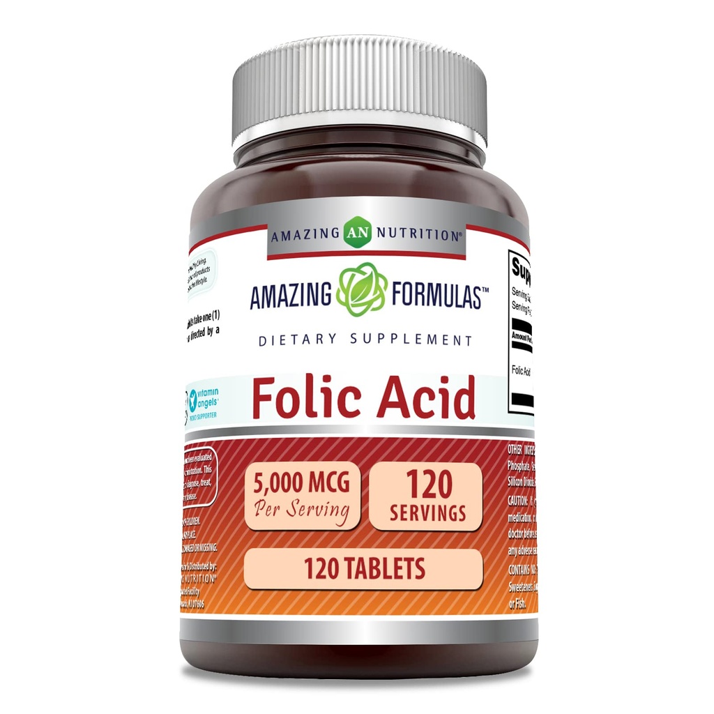 Amazing Formulas Folic Acid (Vitamin B9) Suplemento TEN 5000 Mcg per Serving TEN 120 Tablets ← No Gluten-Free TEN Made in USA