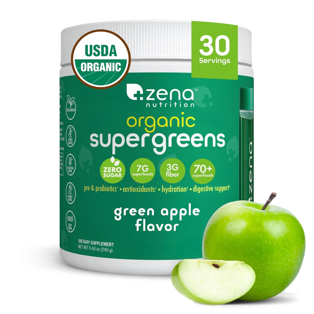 Zena Nutrition Organic Super Greens Powder, 70+ Superfoods, 0 Sugar, 3G Fiber, Spirulina, Clorella, Mushrooms, Prebióticos/Probióticos, Enzymes Digestivos para Gut Health, Green Apple, 30 Servings