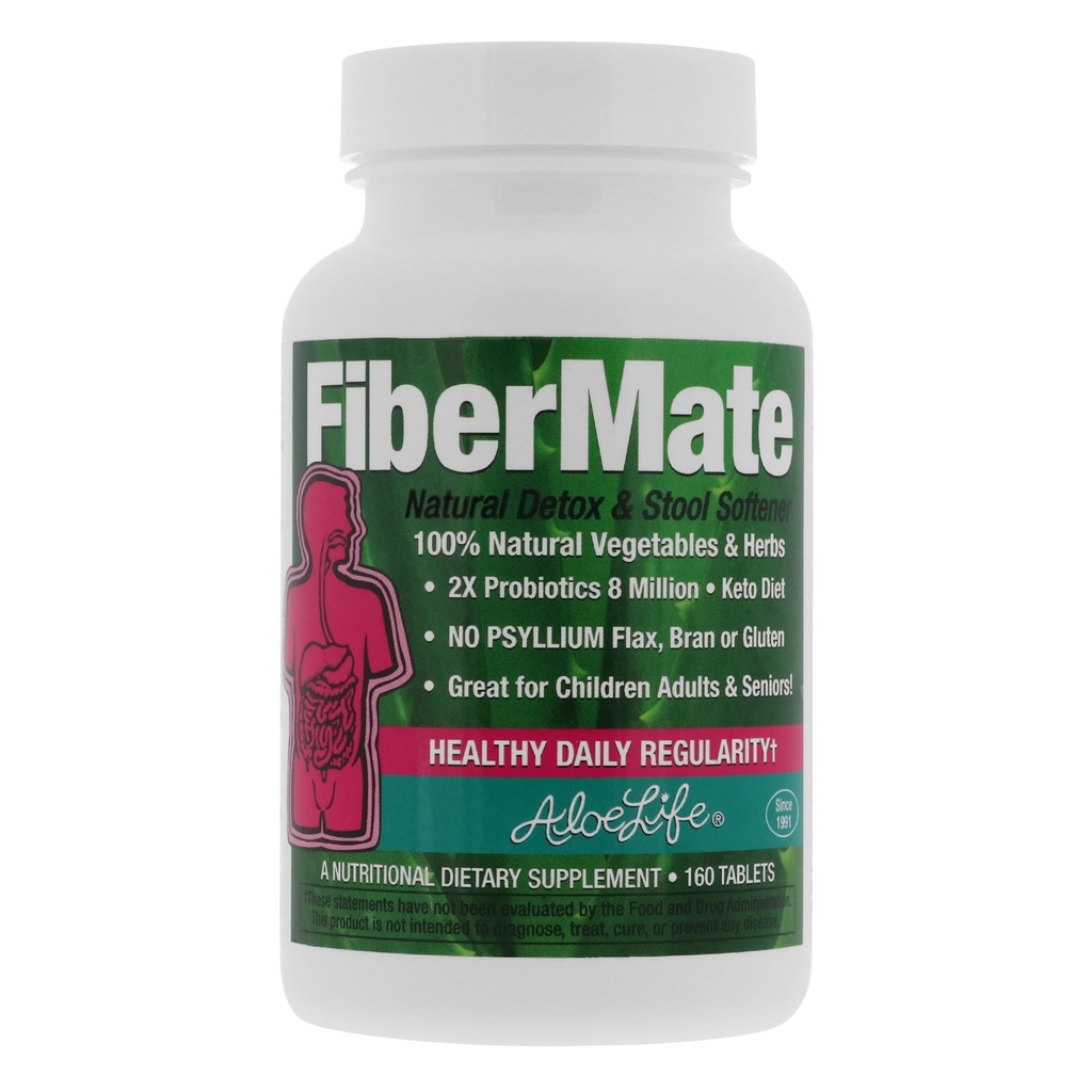 Aloe Life - FiberMate Tablets, Body Detox & Stool Softener, Vegetables & Herbs, Gentle Irregularity Relief, Safe Digestive Support, No Psyllium or Bran, Gluten- " Dairy-Free (160 Tablets)