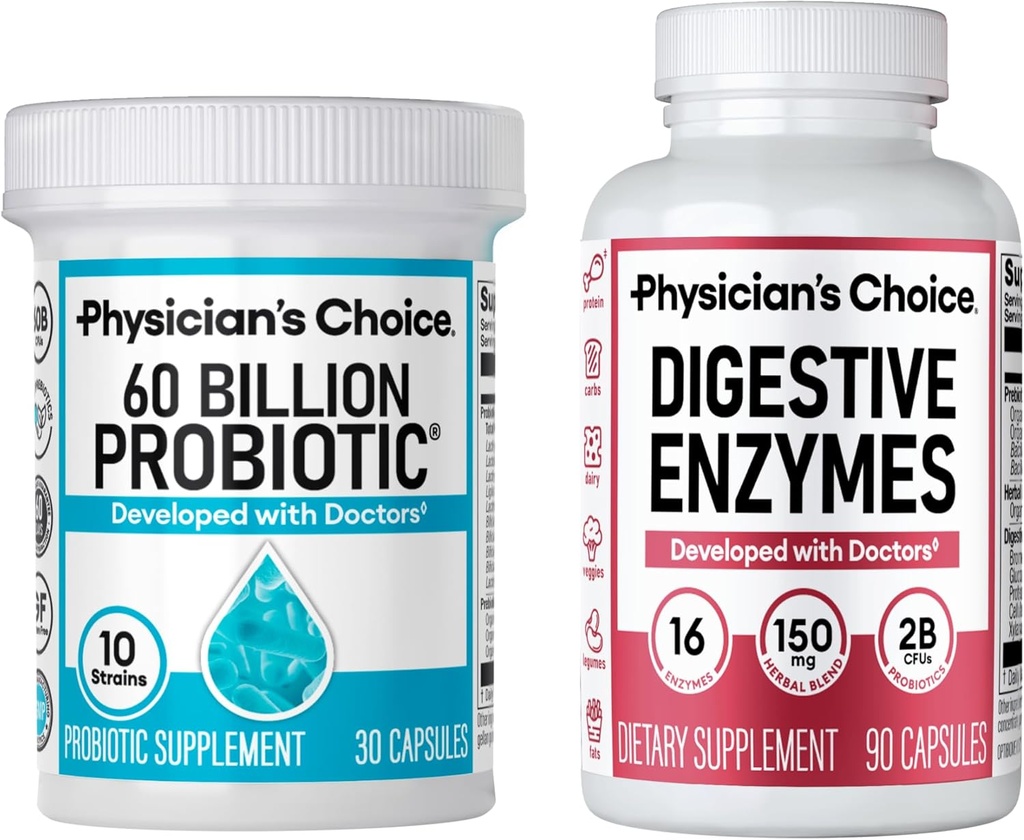 CHOICE de Physician - Optimal Gut Health Bundle: 60 Billion Probiotics + Enzyme Digestivo 90ct para Digestive Comfort y Immune Support