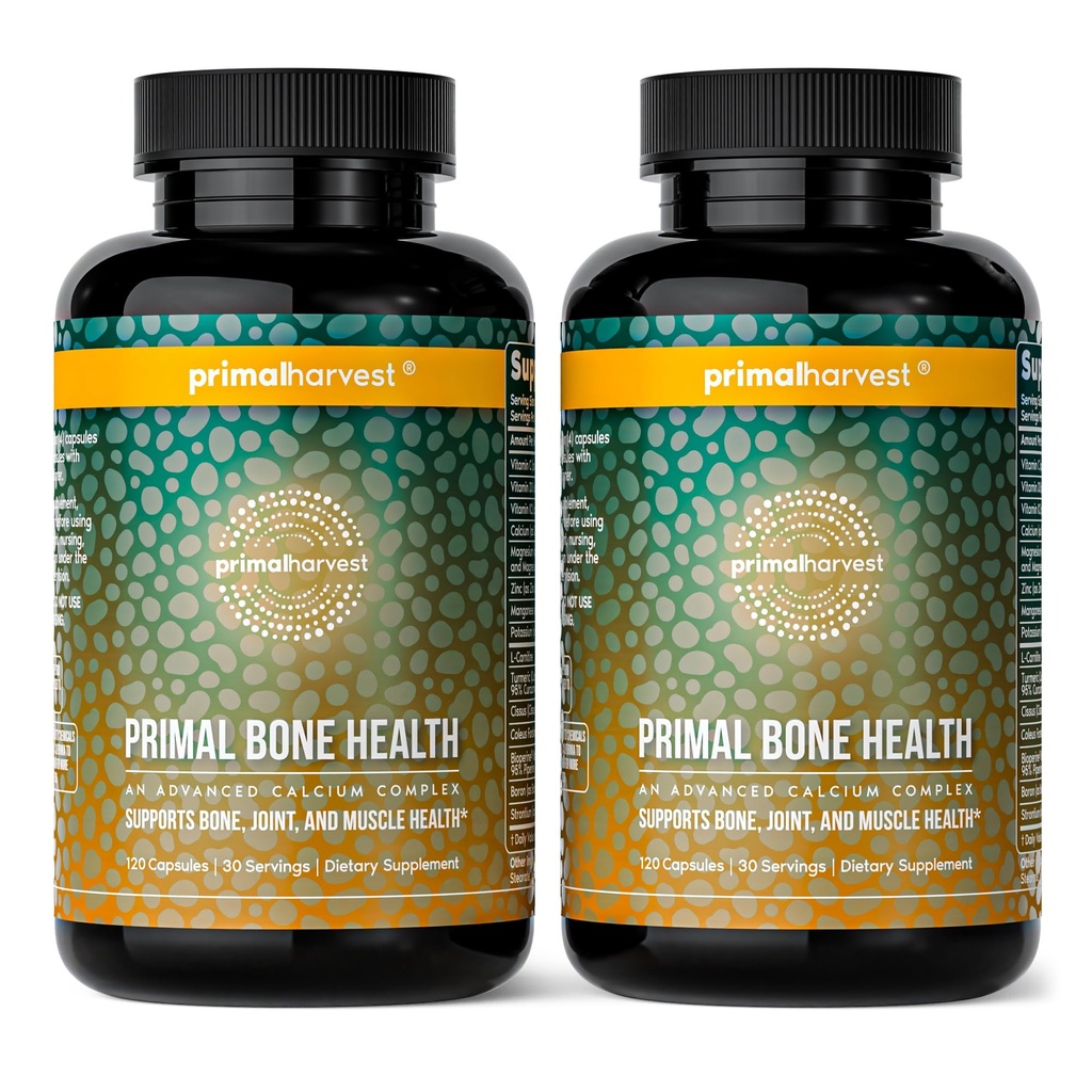 Primal Harvest 2 Pack, Primal Bone Health Calcium Carbonate Bone Health Complex para Hombres &amp; Mujeres con Calcio, Magnesio, Zinc, Manganese, Potasio, " L-Carnitine (240 cápsulas)