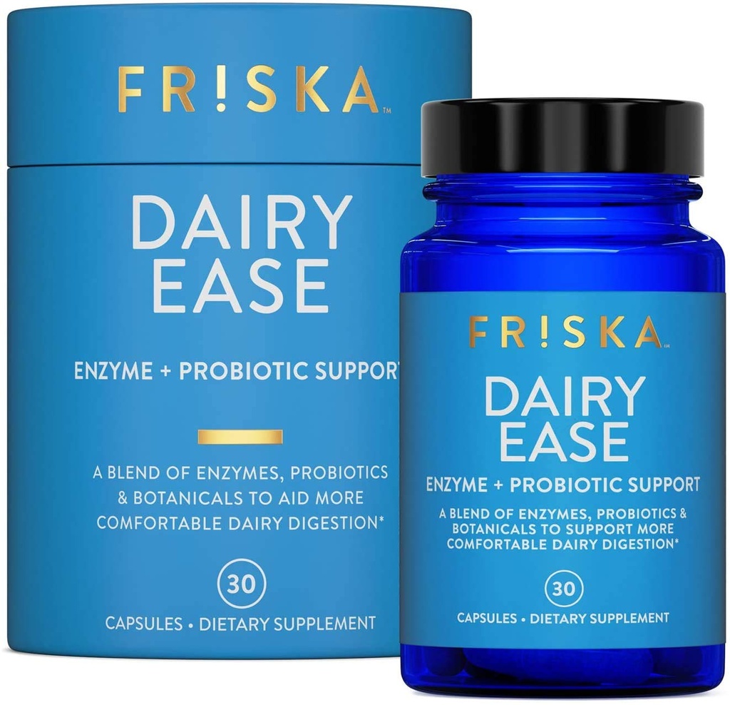 FRISKA Dairy Ease ← Enzymes Digestivos y Probióticos Suplemento ← Promueve una mejor digestión Silencio natural Lactosa Alivio de la Intolerancia &amp; Apoyo Silencio 30 cápsulas