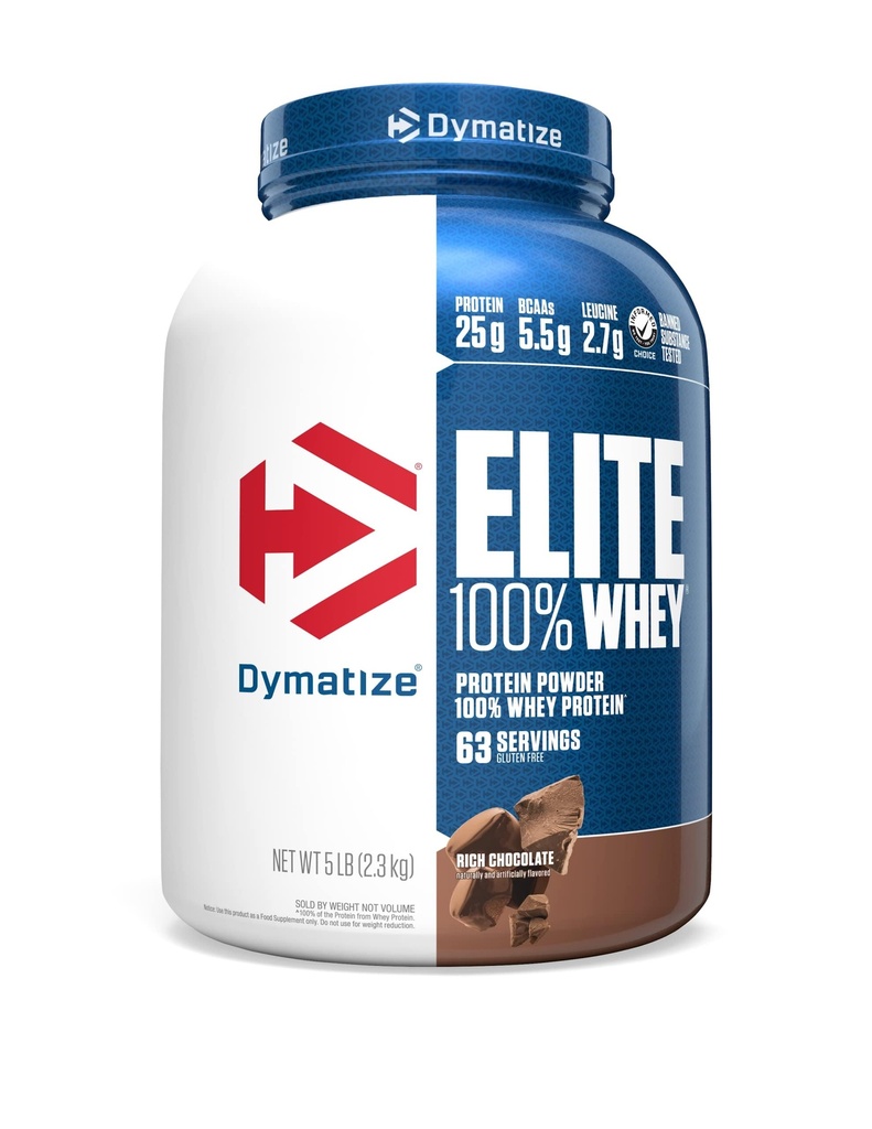 Dymatize Elite 100% Whey Protein Powder, 25g Protein, 5.5g BCAAs " 2.7 L-Leucine, Quick Absorbing " Fast Digesting for Optimal Muscle Recovery, Rich Chocolate, 5 libras (63 piezas)
