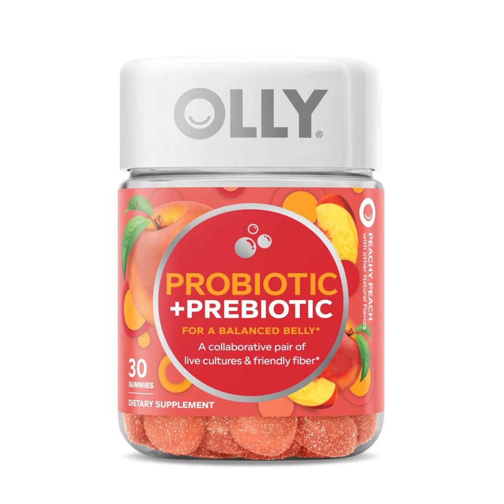 OLLY Probiotic + Prebiotic Gummy, 500 Millones de UF, FOS, Adult Chewable Suplemento para Hombres y Mujeres, Peach Flavored, 30 Day Supply - 30 Count