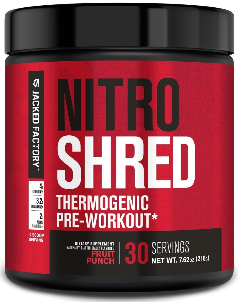 Jacked Factory NITROSURGE Shred Pre Workout Suplemento - Energy Booster, Instant Strength Gains, Sharp Focus, Powerful Pumps - Nitric Oxide Booster & PreWorkout Powder - 30Sv, Fruit Punch
