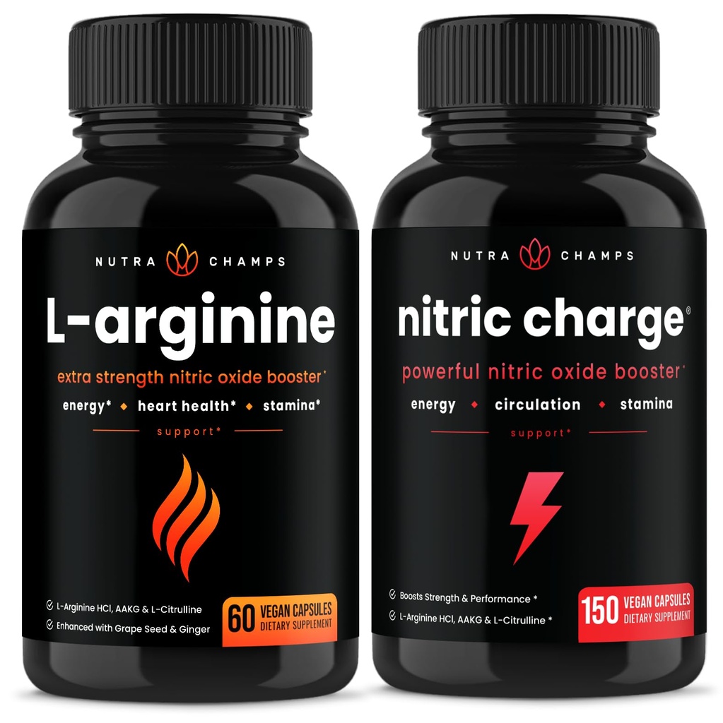 NutraChamps L-Arginine Capsules y Nitric Charge Capsules 2 Pack Bundle