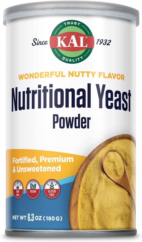 KAL Nutricional Levadura Polvo, Fortificado con B6, B12, ácido fólico y otras vitaminas B, Premium y sin mancha, Gran sabor nuez, Vegan, Gluten Libre, No GMO, Garantía de 60 días, 20 Serviciones, 6.3oz