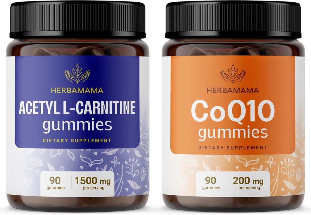 HerBAMAMA L-Carnitina y CoQ10 Kit - Agrupo de 1500 mg Acetyl L-Carnitine & 200 mg Coenzyme Q10 Gummies - Vegan, No GMO, Gelatin-Free - 2 Pack