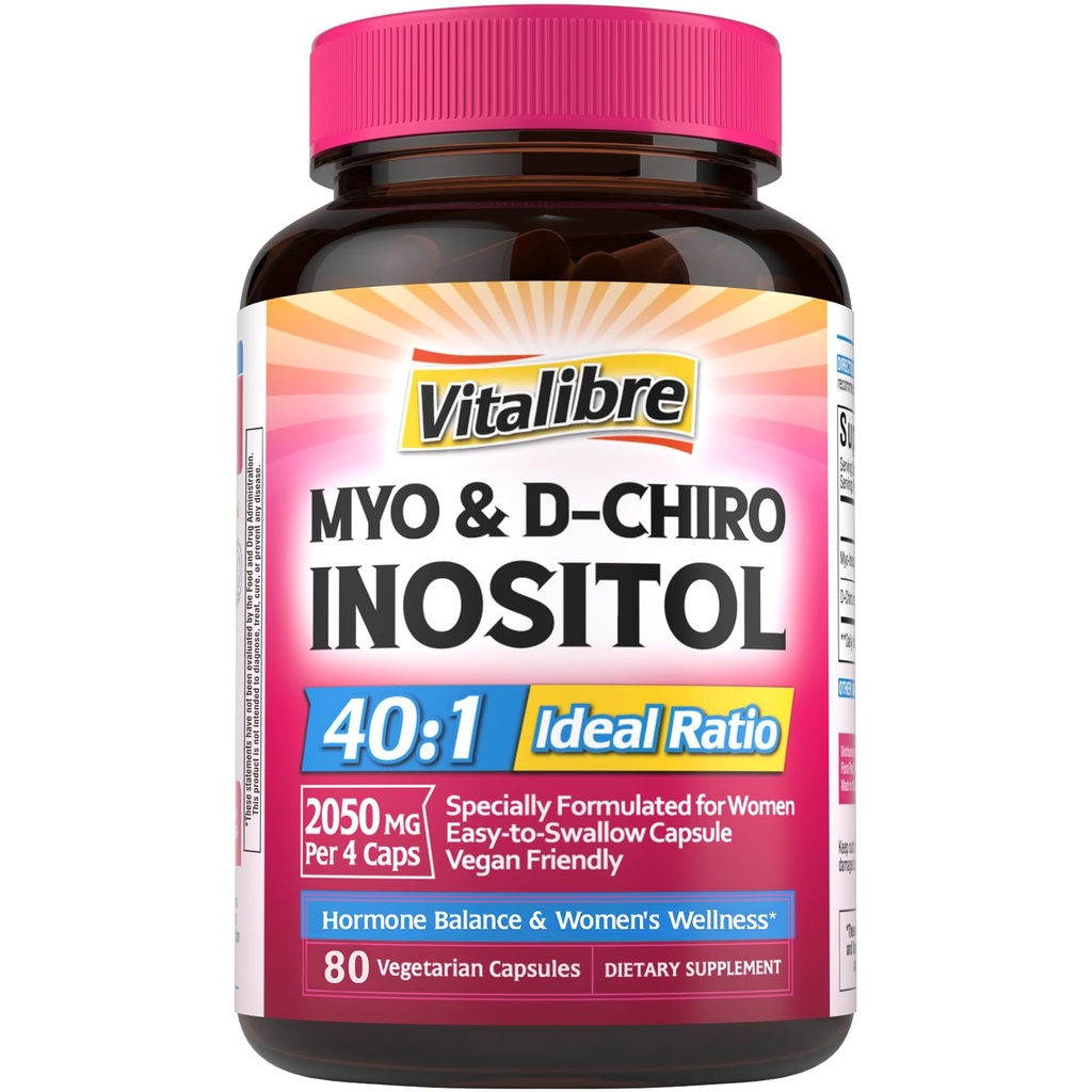 Suplemento de Inositol, Myo-Inositol " D-Chiro Inositol Fertilidad Suplementos para Mujeres, 40:1 Relación ideal, Equilibrio hormonal y Apoyo Ovárico, 80 cápsulas Vegan