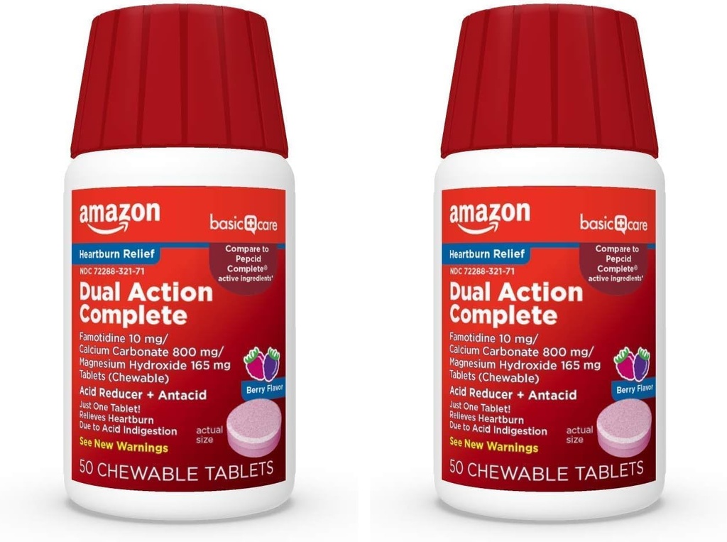Cuidado básico doble acción completo, reductor de ácido picable más tabletas de ácido, sabor de baya, medicina de acidez, alivio de la indigestión de ácido, 50 cuenta (Pack of 2)