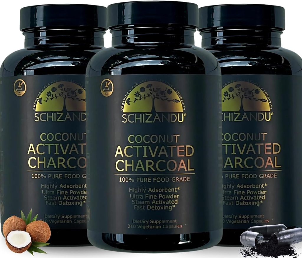 Cápsulas de carbón de coco activado - Vegan, Orgánica, No Aditivos - X-Large Bottle 210 Conde - Pack de 3