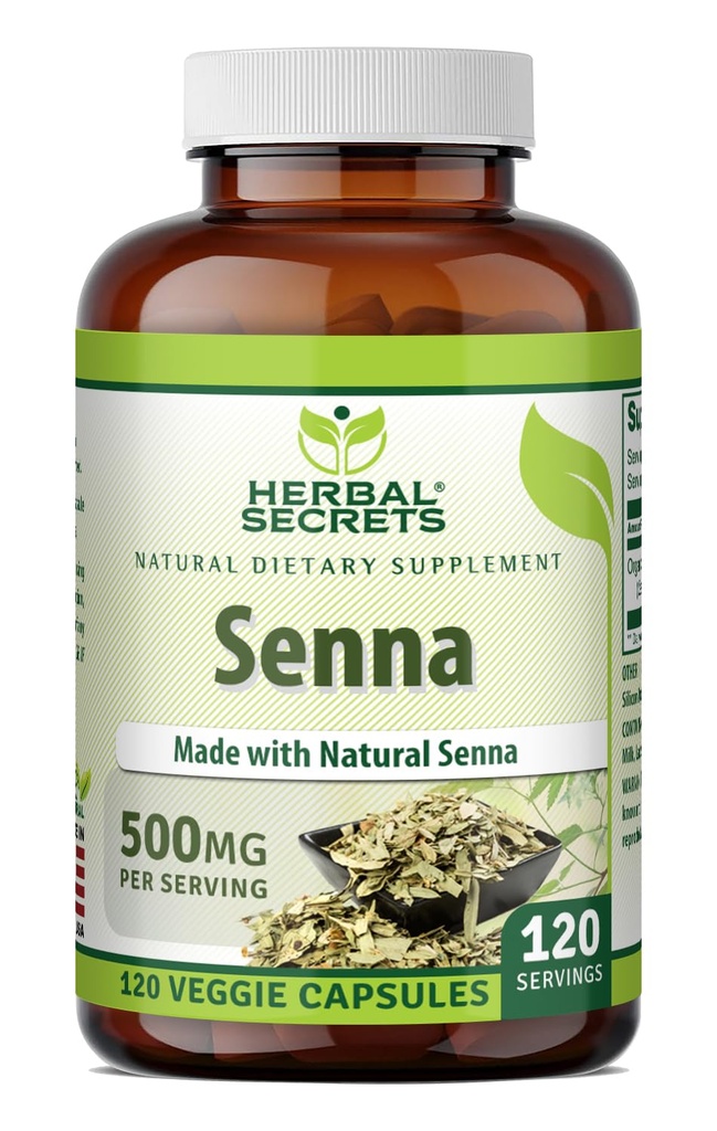 Herbal Secrets Senna Supplement TEN 500 Mg TEN 120 Veggie Capsules ← Hecho con Natural Senna Silencio No-GMO Silencio Gluten-Free TEN Made in USA