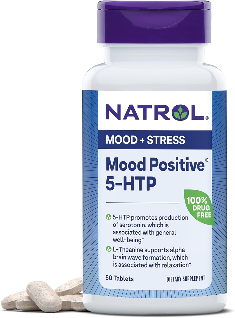 Natrol Mood Positivo 5-HTP y L-Theanine para la mezcla equilibrada y la relajación, 50 tabletas, hasta un suministro de 50 días