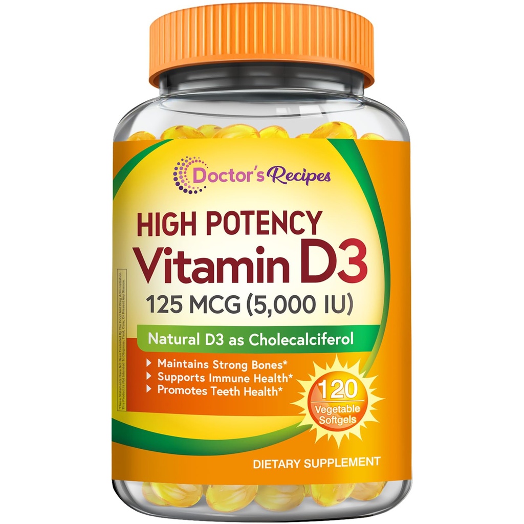 Recetas del Doctor Vitamina D3 5000IU, Soporte Inmunitario para Huesos, Dientes y Función Inmunitaria, No GMO, No Gelatina, Gluten o Soy, 120 Softgeles Vegetarianos