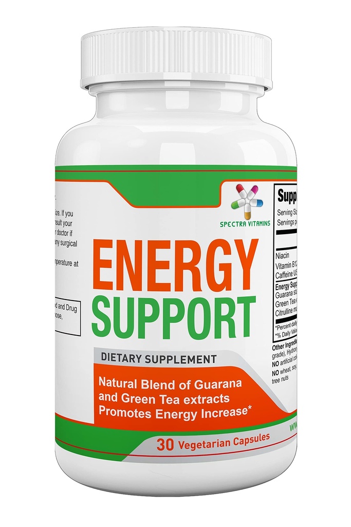 Espectra Vitaminas Natural Energy Support 30 Capsules - Guarana Capsules - Vitamina B12 - Guarana y Verde Té Extractos - Suplementos de Energía Citrulina con Booster de Energía Natural