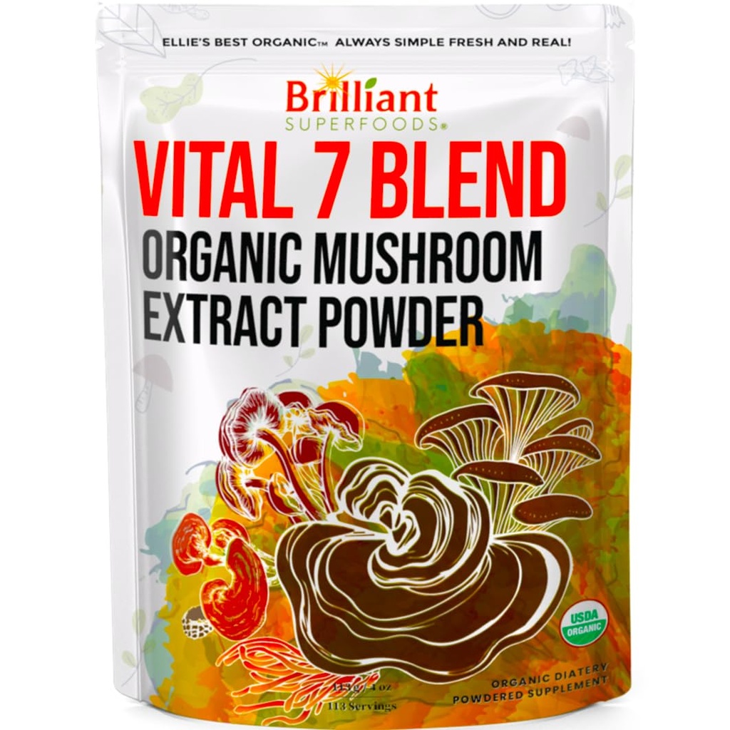 Ellie's Best 7 Mushroom Powder Extract Blend Supplement Organic 114 Servings High Potency Double Extracted Cordyceps, Reishi, Turquía Tail, Chaga, Lion's Mane - 4oz