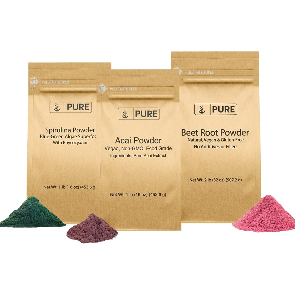 PURE Original INGREDIENTS Beet Root, Spirulina y Acai Powder Bundle, Diversos tamaños, No GMO, Suplementos Herbales
