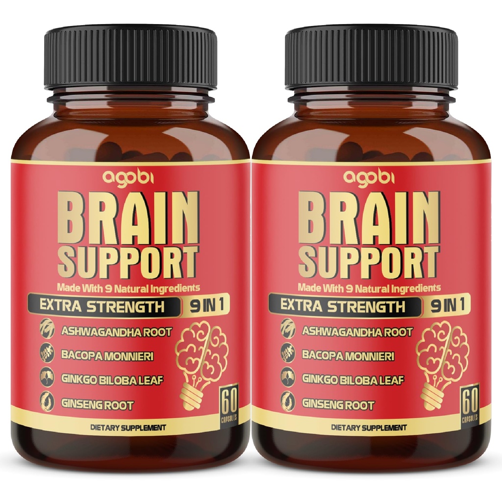 agobi 9in1 Brain Support Suplemento - 2 Packs 60 Condes Blended Ashwagandha, Panax Ginseng, Gotu Kola, Ginkgo, Black Pepper &amp; Más - Precisión, Focus, Memory &amp; Energy Production Support