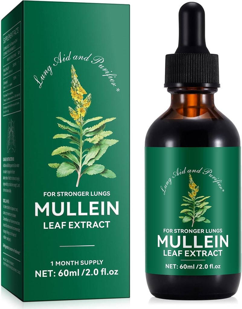Generic Mullein Leaf Extract - Lung Aid & Purifier - Respiratory Support & Gentle Lung Cleanse - Respiración saludable - Natural &amp; Seguro - Absorción rápida - Vegetariano - 60ml, 1 Month Supply