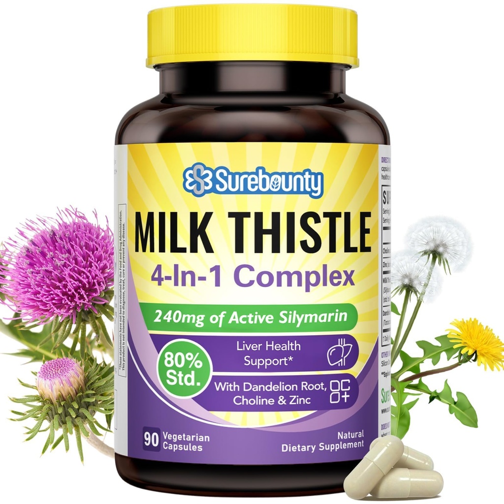 4-en-1 Complejo de carburante de leche para hombres " mujeres " , Extracto con 240 mg de silymarin activo, 80% Std, con Dandelion, Choline, Zinc, Liver Detox " Repair, Non-GMO, Once Daily, 90 Caps de verduras
