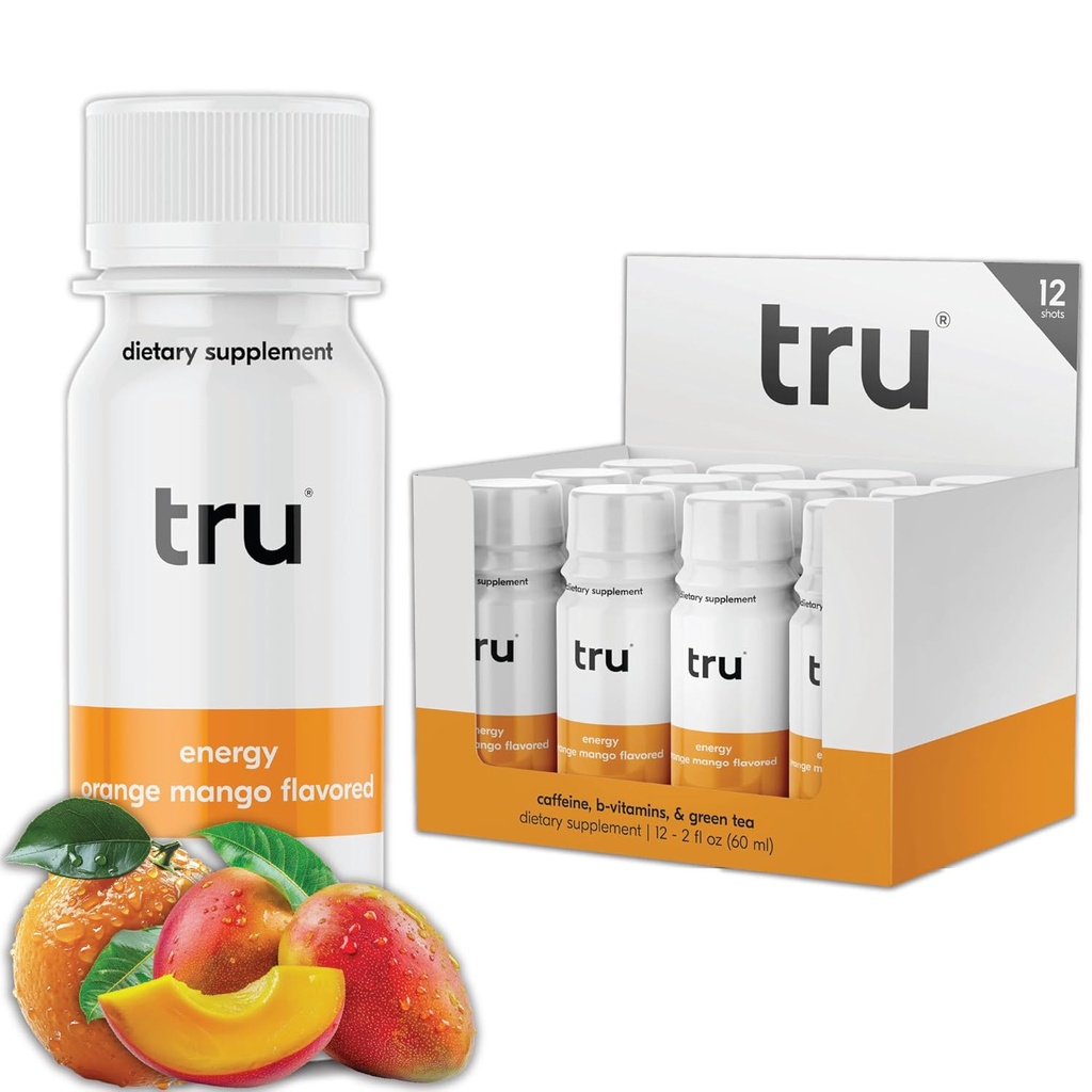 Tru Energy Shot, Extra Strength Energy Drink with Natural Caffeine, Green Tea, B Vitaminas B3, B6 &amp; Vitamin B12, Zero Sugar & Calories, Keto, Vegan, Gluten Free, Orange Mango, 2 FL OZ Bottles, 12 Pack