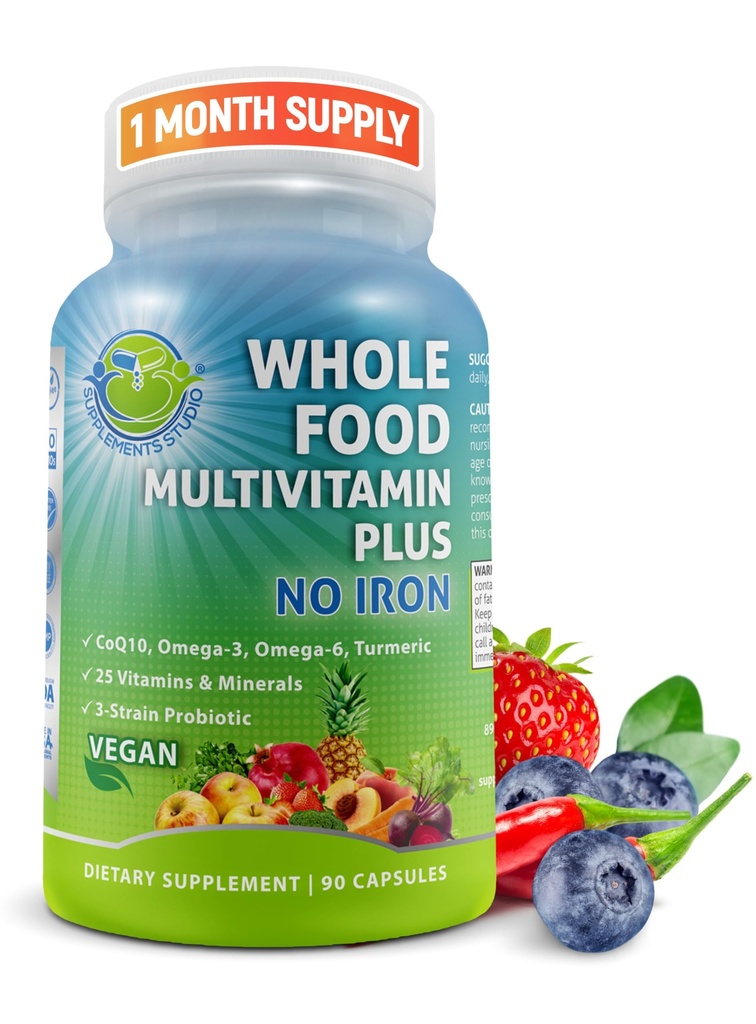 Vegan Whole Food Daily Multivitamin Sin Hierro, Multivitamínico Metilizado para Mujeres y Hombres, Hecho con Frutas & Verduras, B-Complex, Probióticos, Enzimas, CoQ10, Omegas, Turmérico, No GMO, 90 Cuenta