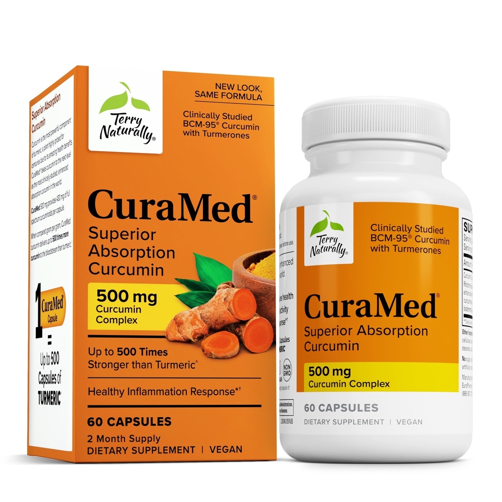 Terry Naturalmente CuraMed 500mg - Suplemento Antioxidante para Cerebro &amp; Immune Health Support - Suplemento con Curcumin & Turmeric Essential Oil - Herbal Liver Support - 60 Softgels