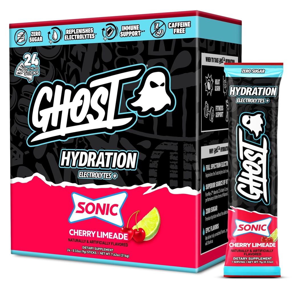 GHOST Hydration Packets, Sonic Cherry Limeade, 24 Sticks, Electrolyte Powder - Drink Mix Suplemento con Magnesio, Potasio, Calcio, Vitamina C - Vegan Friendly, Libre de Soy, Azúcar &amp; Gluten