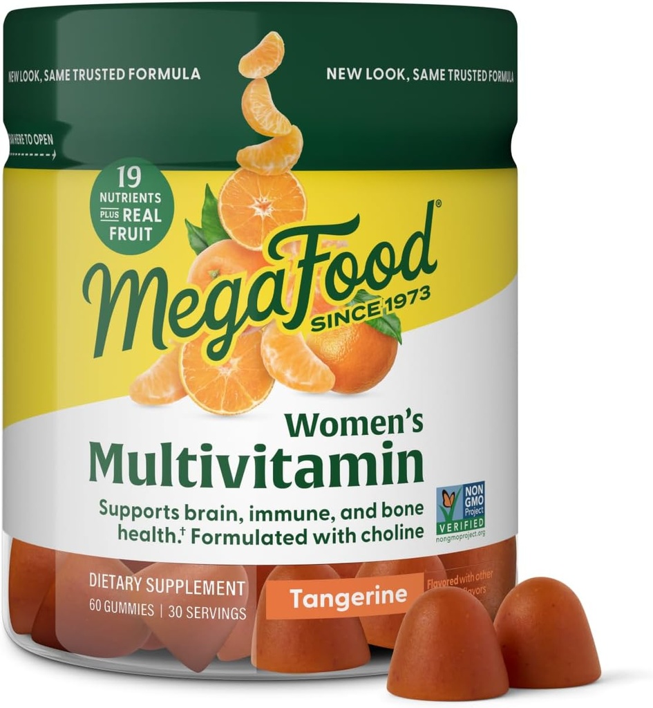 MegaFood Women's Multi - Multivitamínico para Mujeres - Vitaminas Gummy - Vitamina C, Vitamina D, Zinc, Vitamina B12 " Choline - Immune Support " Bone Health - Vegetarian - Tangerine - 60 Gummies (30 Servimientos)